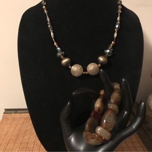 Bohemian Beaded Toggle Necklace 20”L AB Bead w Elastic Bracelet 7”L Combo